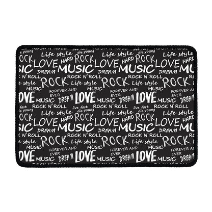 Black And White Rock And Roll Print Kitchen Mat