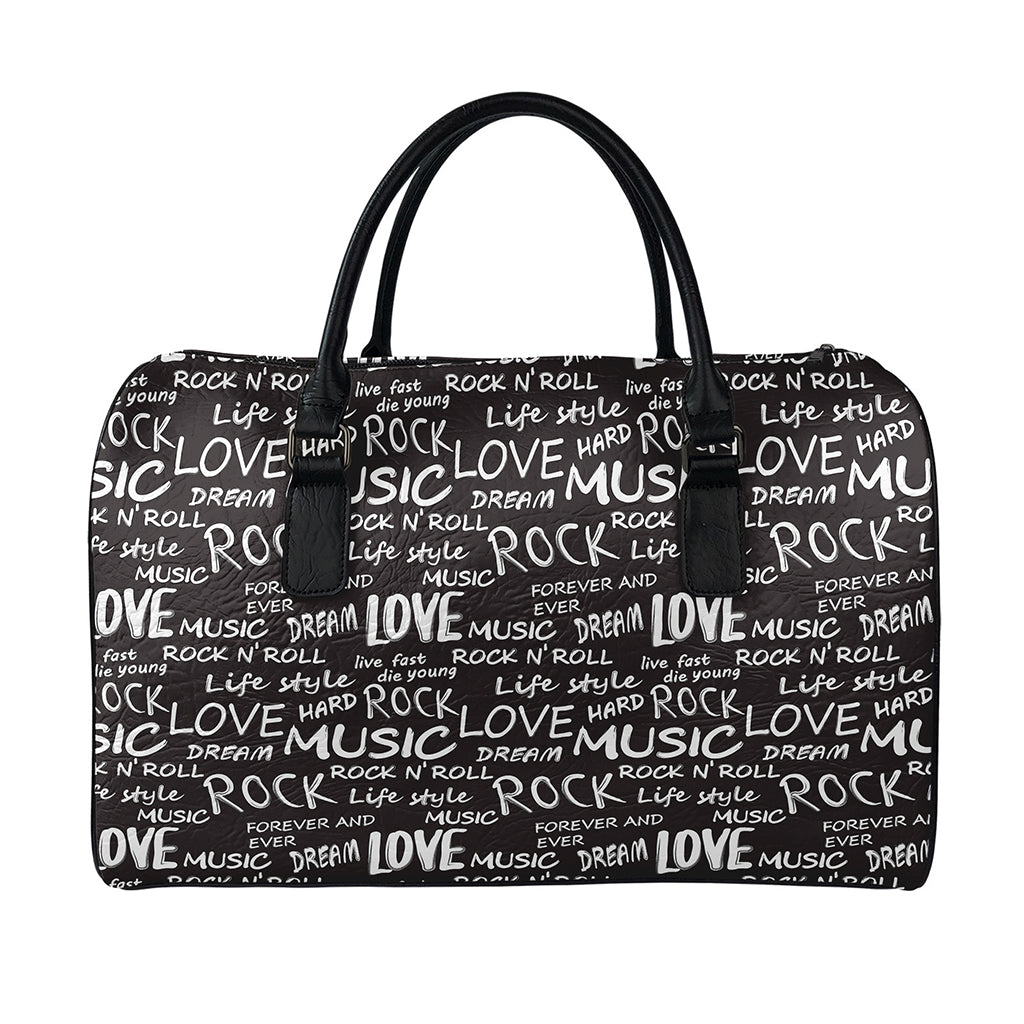 Black And White Rock And Roll Print Leather Duffle Bag