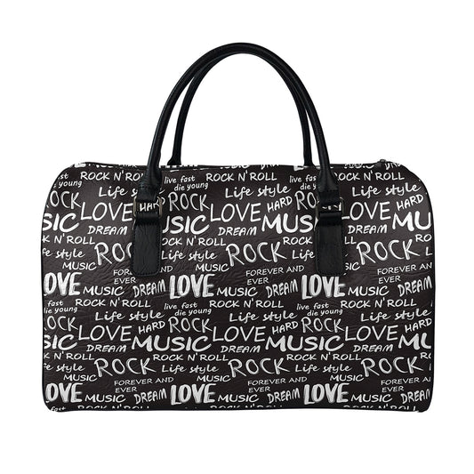 Black And White Rock And Roll Print Leather Duffle Bag