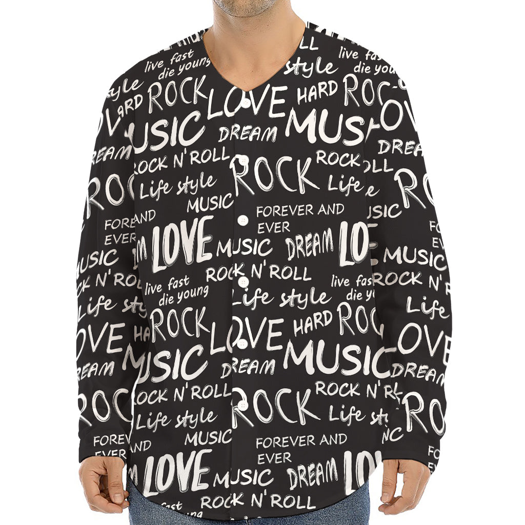 Black And White Rock And Roll Print Long Sleeve Baseball Jersey