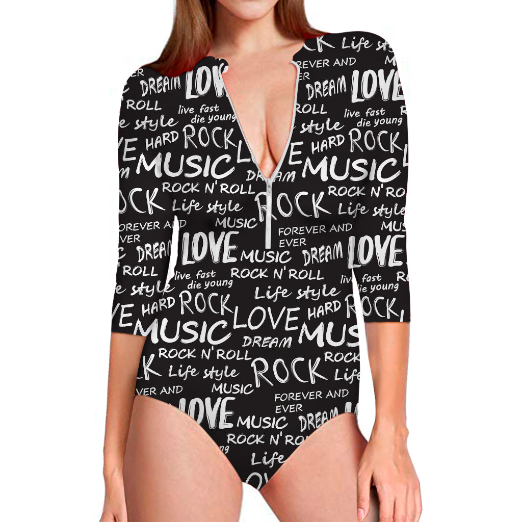 Black And White Rock And Roll Print Long Sleeve Swimsuit