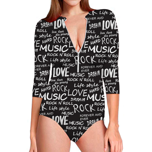 Black And White Rock And Roll Print Long Sleeve Swimsuit