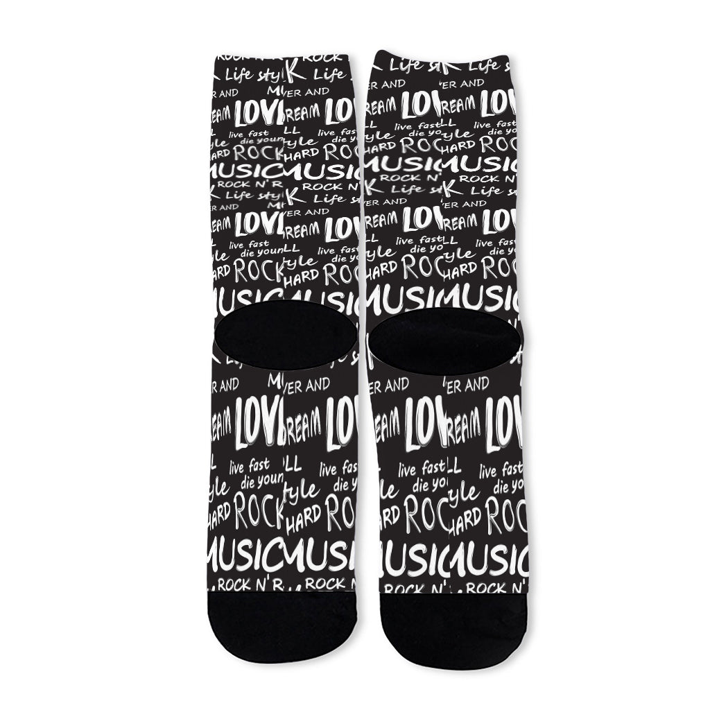 Black And White Rock And Roll Print Long Socks