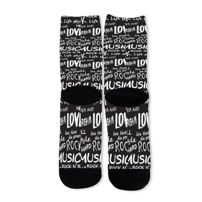 Black And White Rock And Roll Print Long Socks