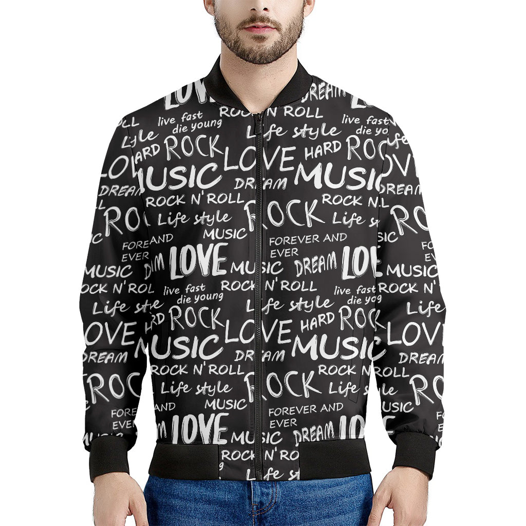 Black And White Rock And Roll Print Men's Bomber Jacket