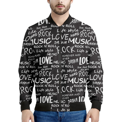 Black And White Rock And Roll Print Men's Bomber Jacket