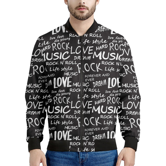 Black And White Rock And Roll Print Men's Bomber Jacket