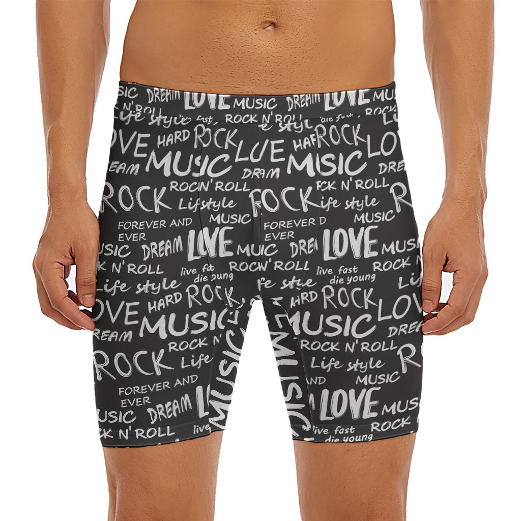 Black And White Rock And Roll Print Men's Long Boxer Briefs