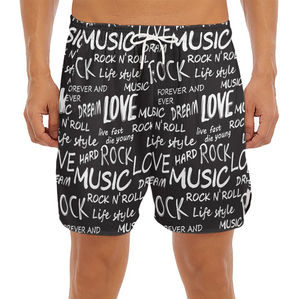 Black And White Rock And Roll Print Men's Split Running Shorts