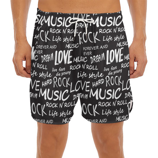 Black And White Rock And Roll Print Men's Split Running Shorts