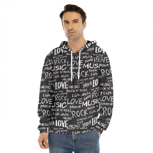 Black And White Rock And Roll Print Men's Velvet Pullover Hoodie