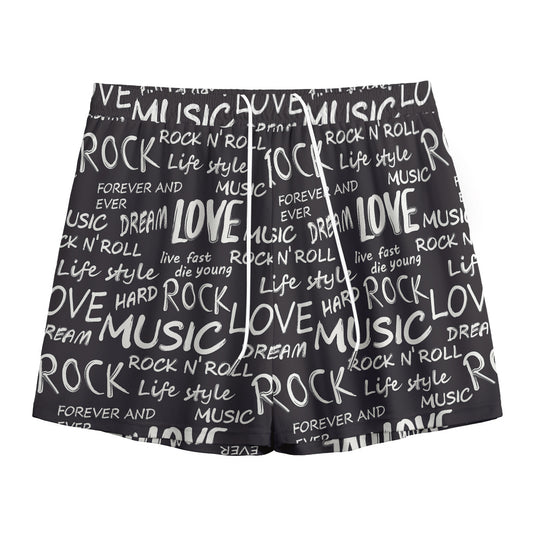 Black And White Rock And Roll Print Mesh Shorts