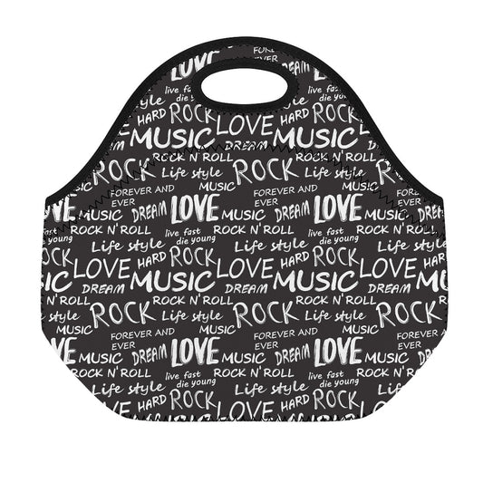 Black And White Rock And Roll Print Neoprene Lunch Bag