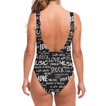 Black And White Rock And Roll Print One Piece Swimsuit