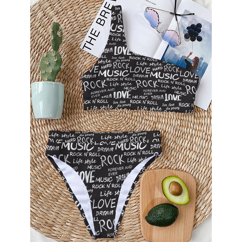 Black And White Rock And Roll Print One Shoulder Bikini Top