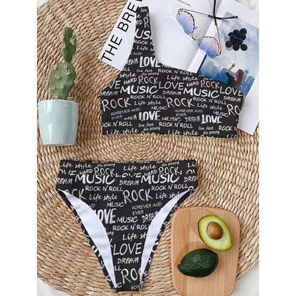Black And White Rock And Roll Print One Shoulder Bikini Top