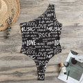Black And White Rock And Roll Print One Shoulder Bodysuit