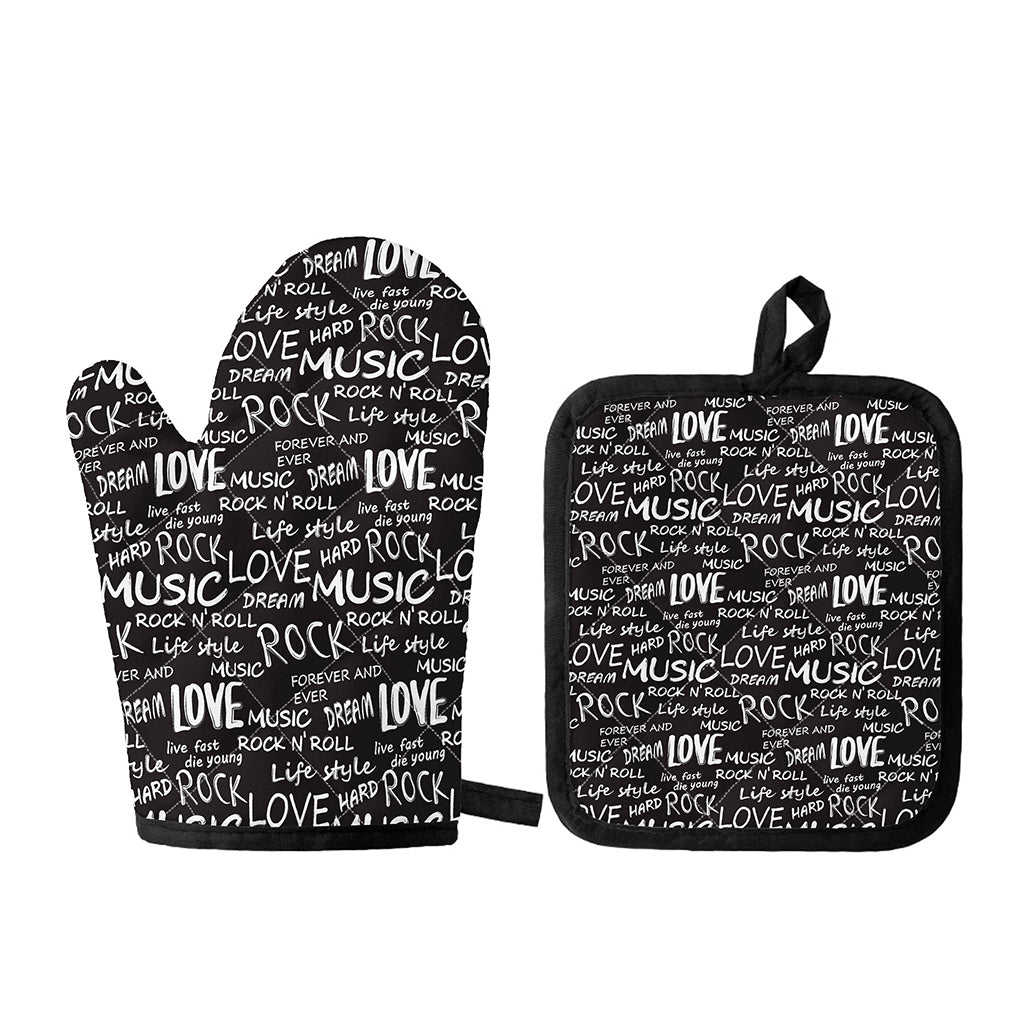 Black And White Rock And Roll Print Oven Mitt And Pot Holder Set