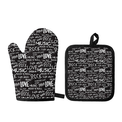 Black And White Rock And Roll Print Oven Mitt And Pot Holder Set