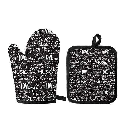 Black And White Rock And Roll Print Oven Mitt And Pot Holder Set