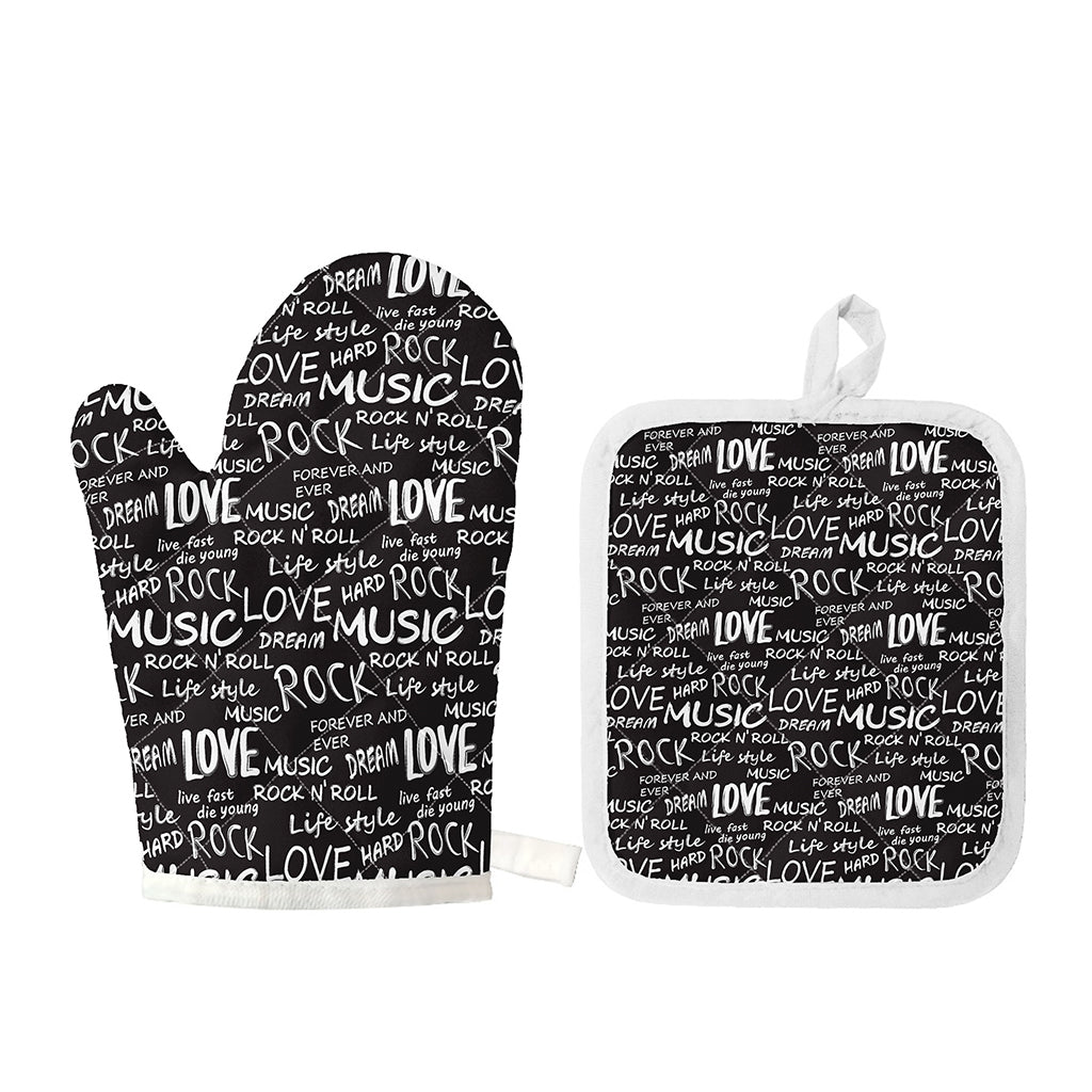 Black And White Rock And Roll Print Oven Mitt And Pot Holder Set
