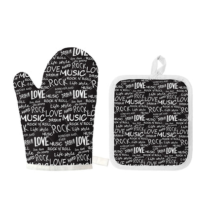 Black And White Rock And Roll Print Oven Mitt And Pot Holder Set