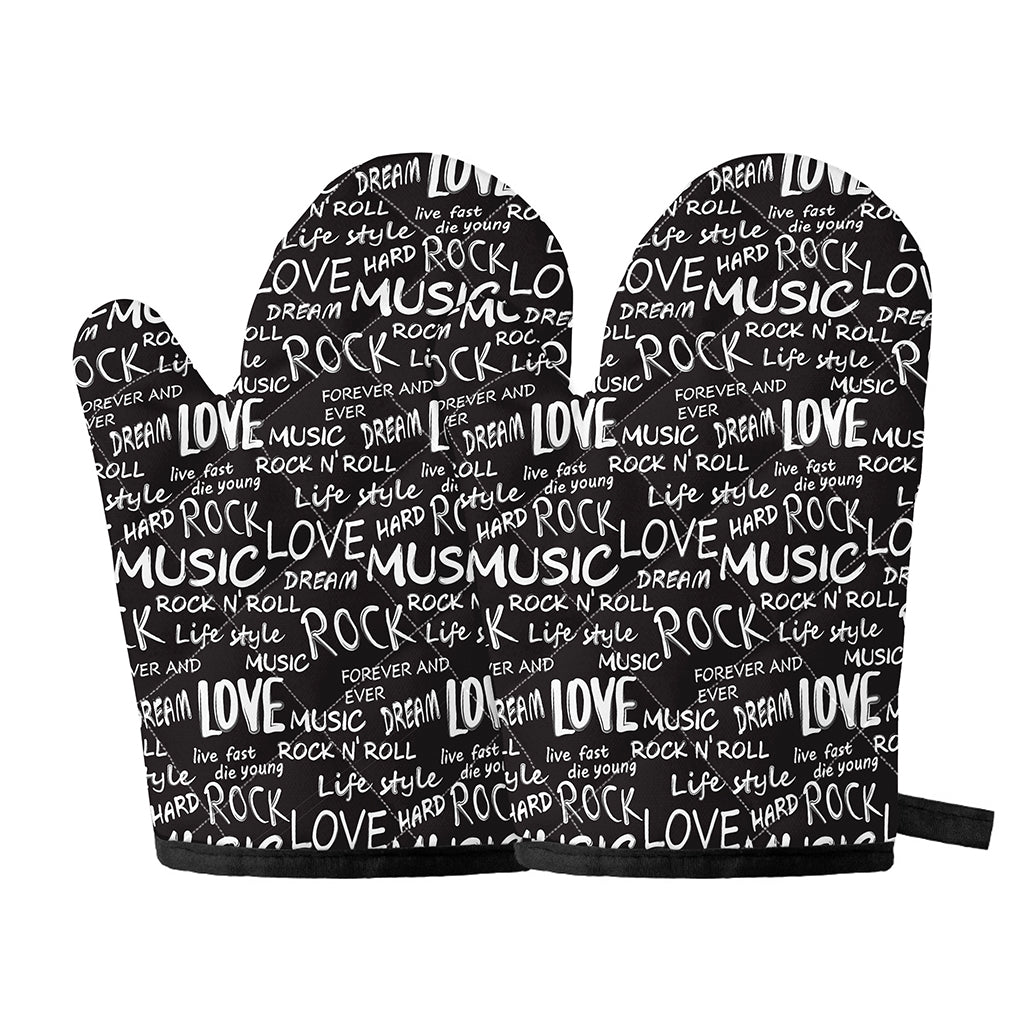 Black And White Rock And Roll Print Oven Mitts