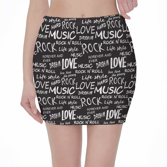 Black And White Rock And Roll Print Pencil Mini Skirt