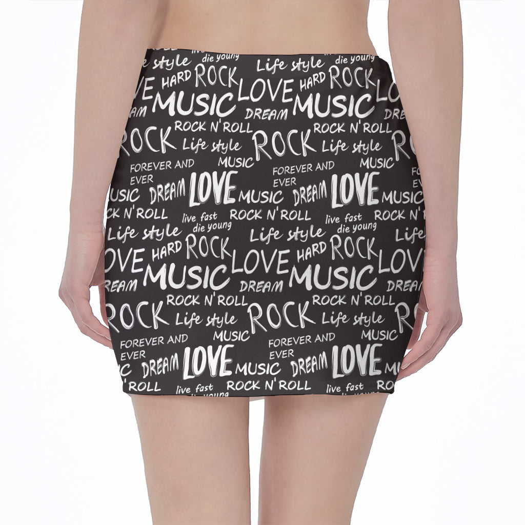 Black And White Rock And Roll Print Pencil Mini Skirt
