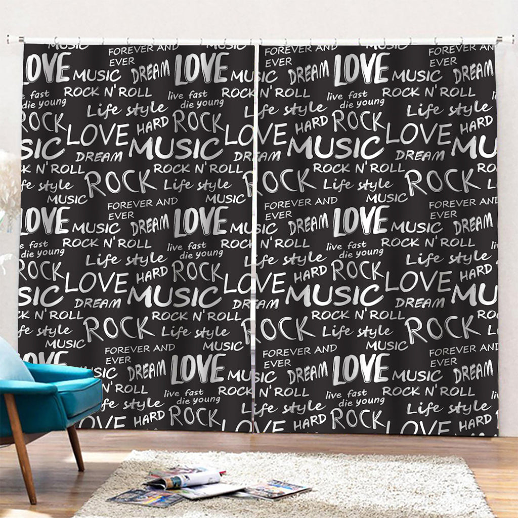 Black And White Rock And Roll Print Pencil Pleat Curtains