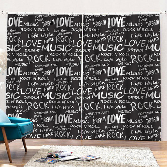Black And White Rock And Roll Print Pencil Pleat Curtains
