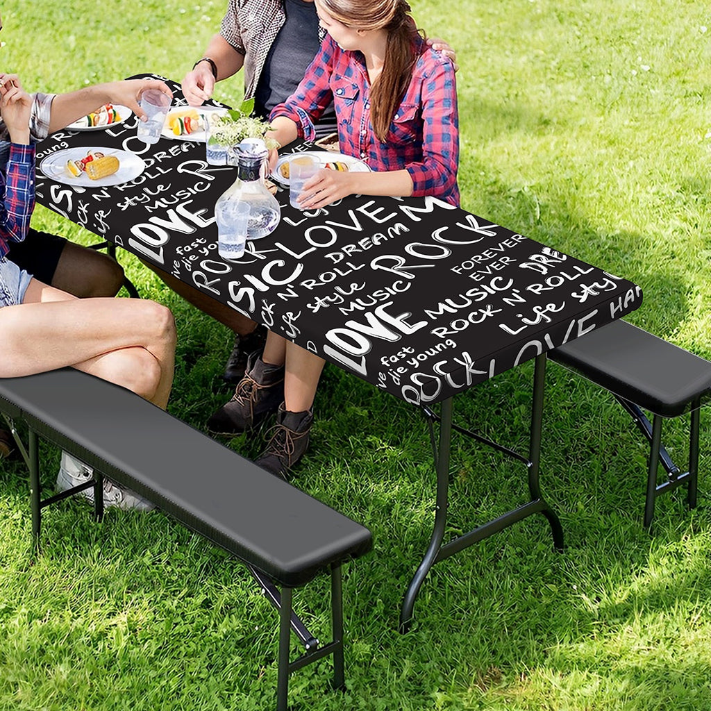 Black And White Rock And Roll Print Picnic Table Cover