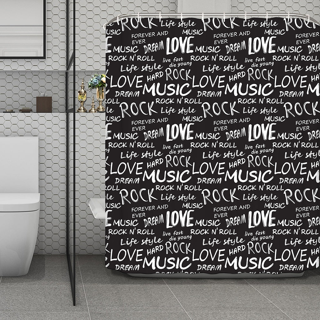 Black And White Rock And Roll Print Polyester Shower Curtain