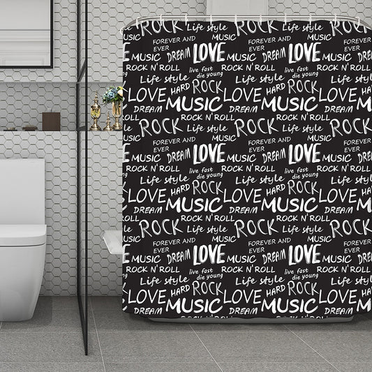 Black And White Rock And Roll Print Polyester Shower Curtain