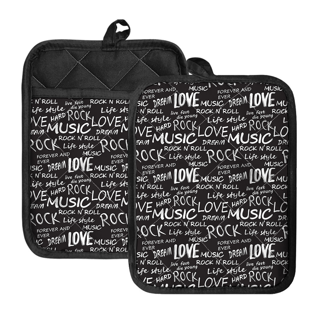 Black And White Rock And Roll Print Pot Holders With Pocket