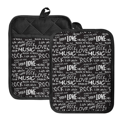 Black And White Rock And Roll Print Pot Holders With Pocket