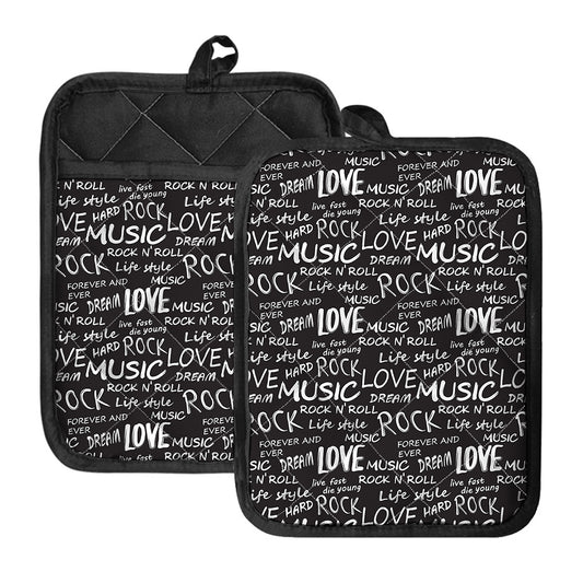 Black And White Rock And Roll Print Pot Holders With Pocket