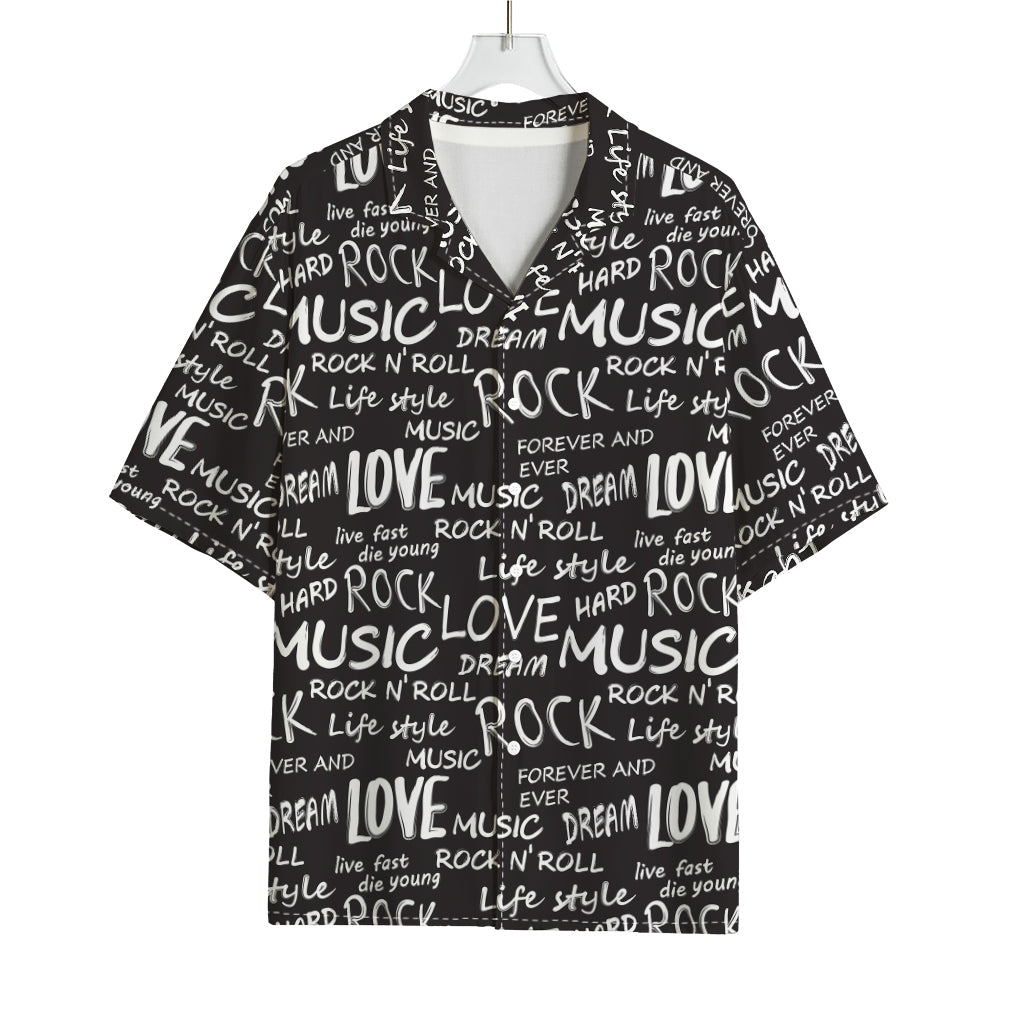 Black And White Rock And Roll Print Rayon Hawaiian Shirt