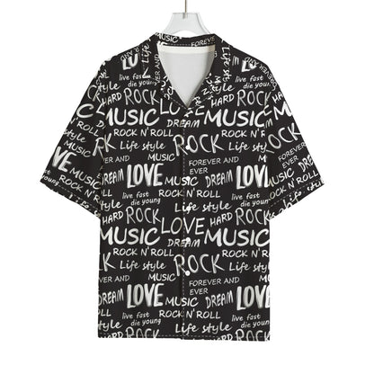 Black And White Rock And Roll Print Rayon Hawaiian Shirt