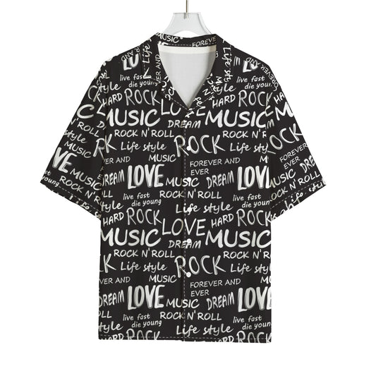 Black And White Rock And Roll Print Rayon Hawaiian Shirt