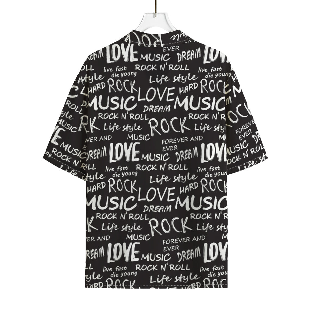 Black And White Rock And Roll Print Rayon Hawaiian Shirt