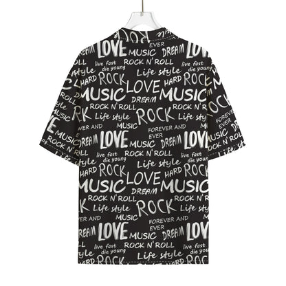 Black And White Rock And Roll Print Rayon Hawaiian Shirt