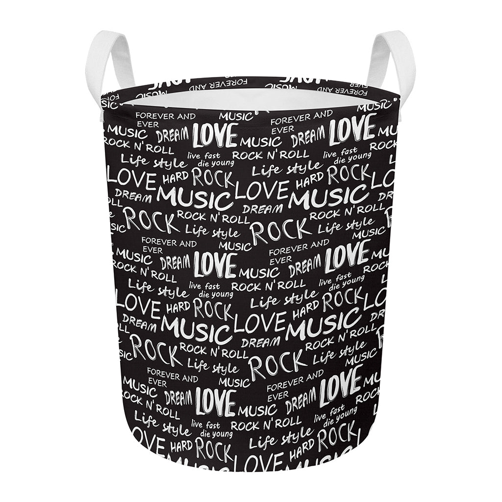 Black And White Rock And Roll Print Round Laundry Basket