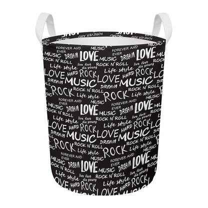 Black And White Rock And Roll Print Round Laundry Basket