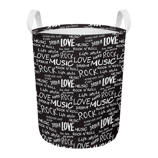 Black And White Rock And Roll Print Round Laundry Basket