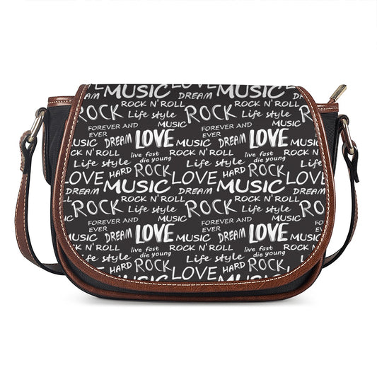 Black And White Rock And Roll Print Saddle Bag