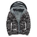 Black And White Rock And Roll Print Sherpa Lined Zip Up Hoodie