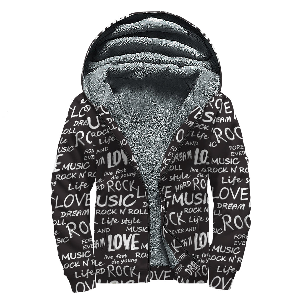 Black And White Rock And Roll Print Sherpa Lined Zip Up Hoodie