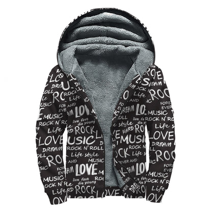 Black And White Rock And Roll Print Sherpa Lined Zip Up Hoodie