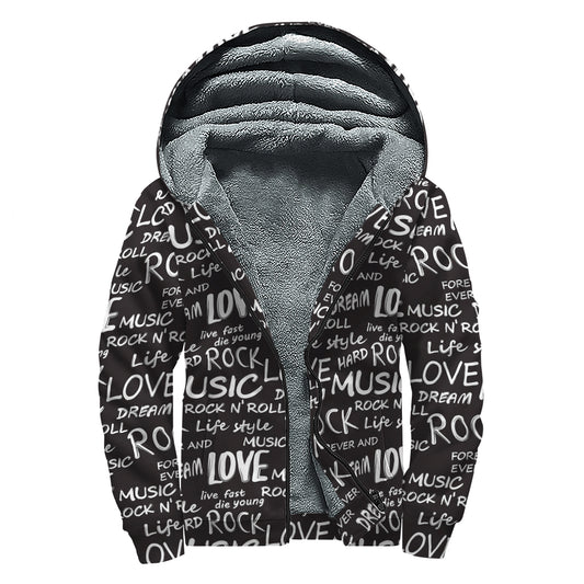 Black And White Rock And Roll Print Sherpa Lined Zip Up Hoodie